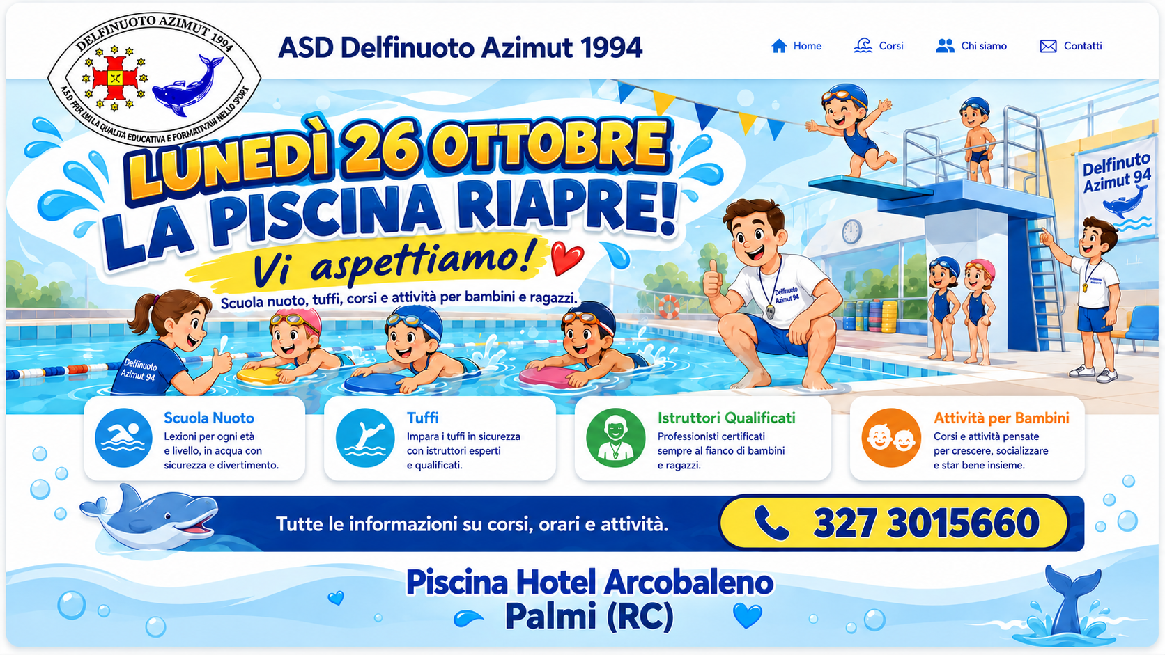 ASD Delfinuoto Azimut 1994: la piscina riapre lunedi 26 ottobre presso la Piscina Hotel Arcobaleno di Palmi